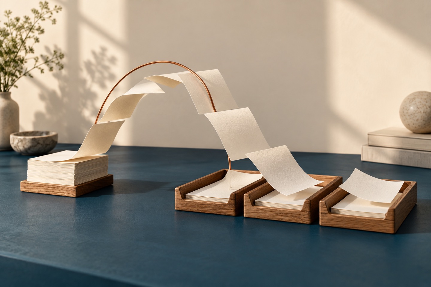 Ivory paper moving over a copper arch into three wooden trays.