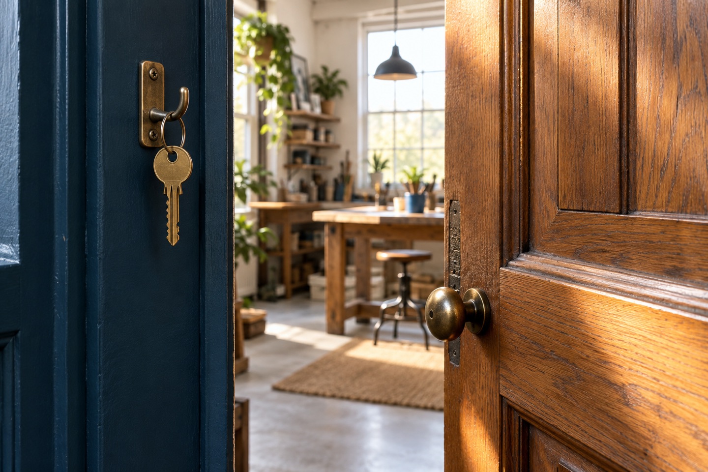 An oak workshop door opening into morning light, with a key beside it.