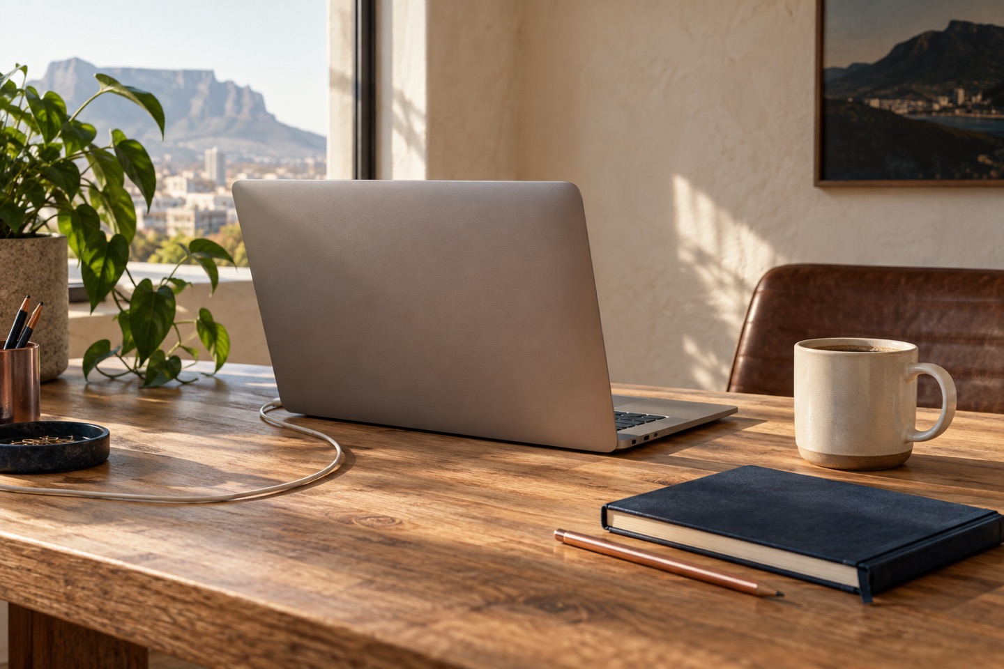 A laptop, coffee and notebook on a sunlit wooden desk.
