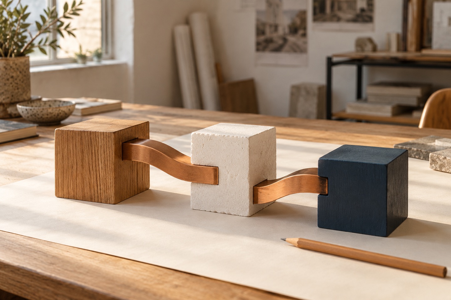 Oak, plaster and navy architectural blocks joined by a curved copper bridge.