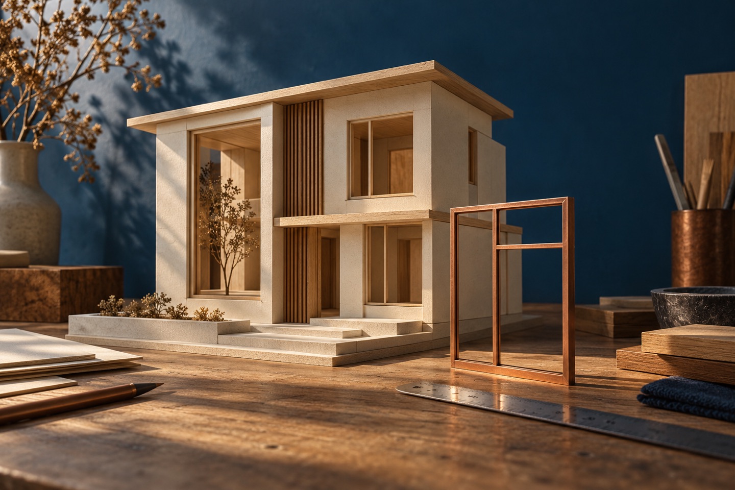 An architectural model with a copper window frame ready to be fitted.